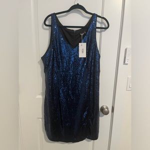 Yoins XXL Sequin Royal Blue Stretch V neck dress with slit